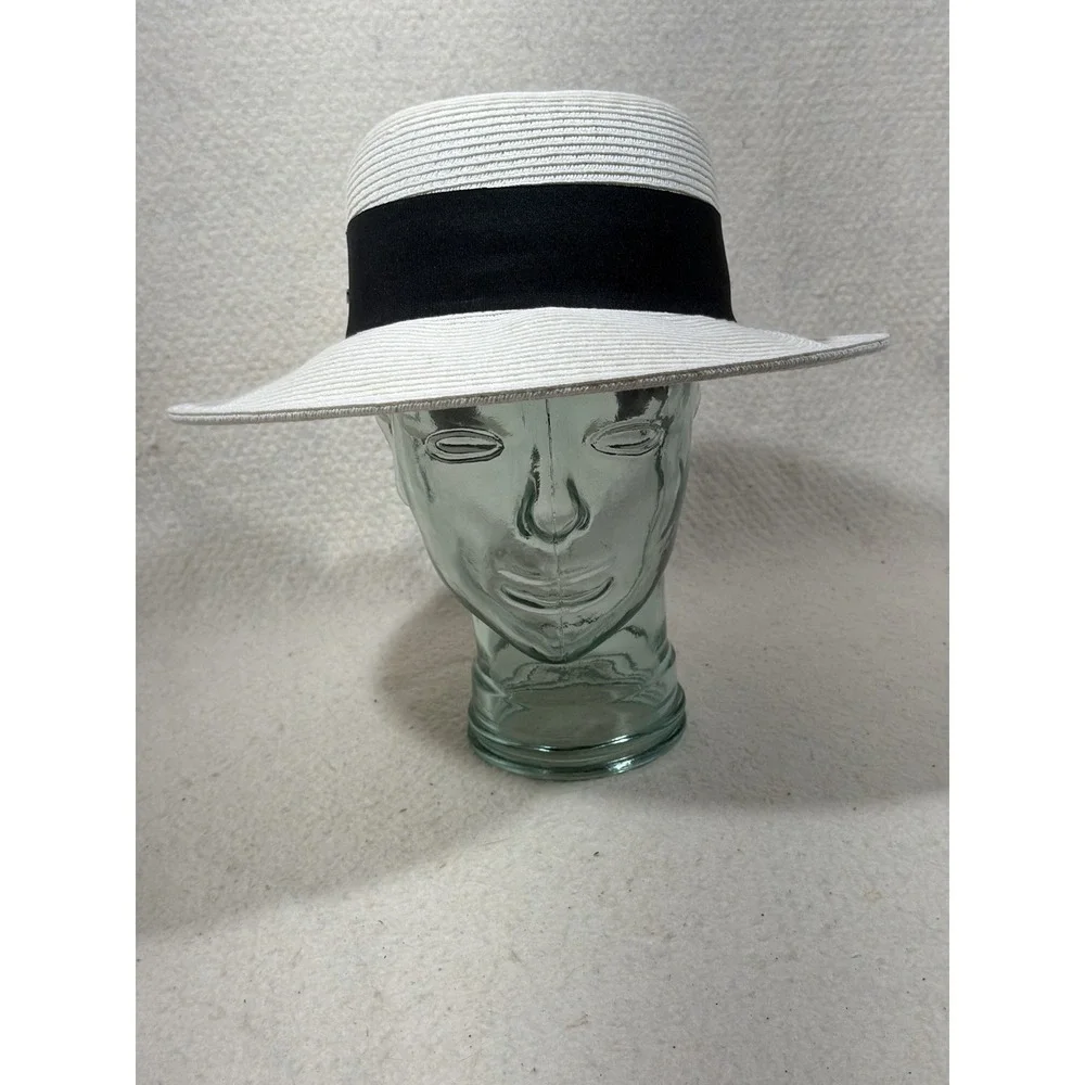 Scala Womens White Wide Brim Sun Hat Black Bow Ribbon Coastal Elegant Derby